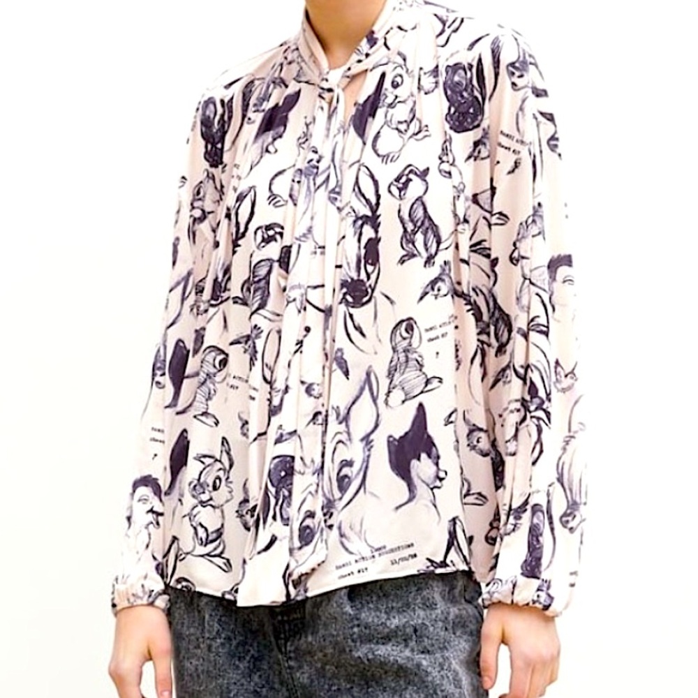 Zara Stories Disney Bambi Animation Sketch Tie Neck Blouse Top Shirt